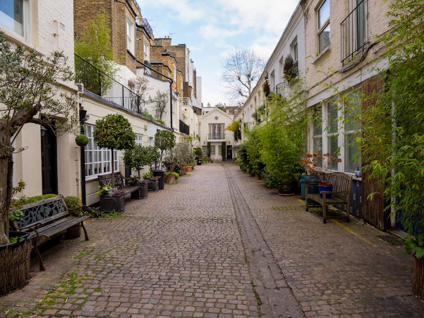 A cobbled residential courtyard in South Kensington during daylight, flanked by white townhouse façades with black iron balconies and large windows. Potted plants and small trees in various container